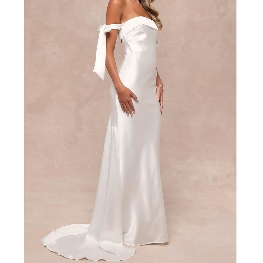 NEW Lulus Bridal Eternally Loved Cutout Satin Off-the-Shoulder Wedding Dress